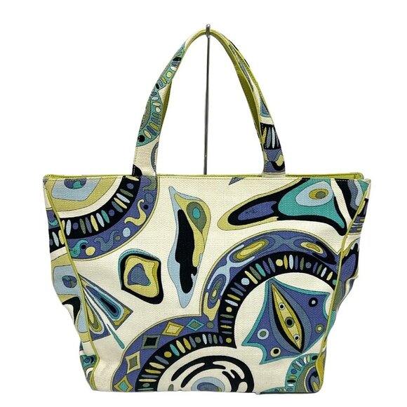 Auth EMILIO PUCCI - White Purple Multi Canvas Leather Tote Bag - Picture 2 of 12